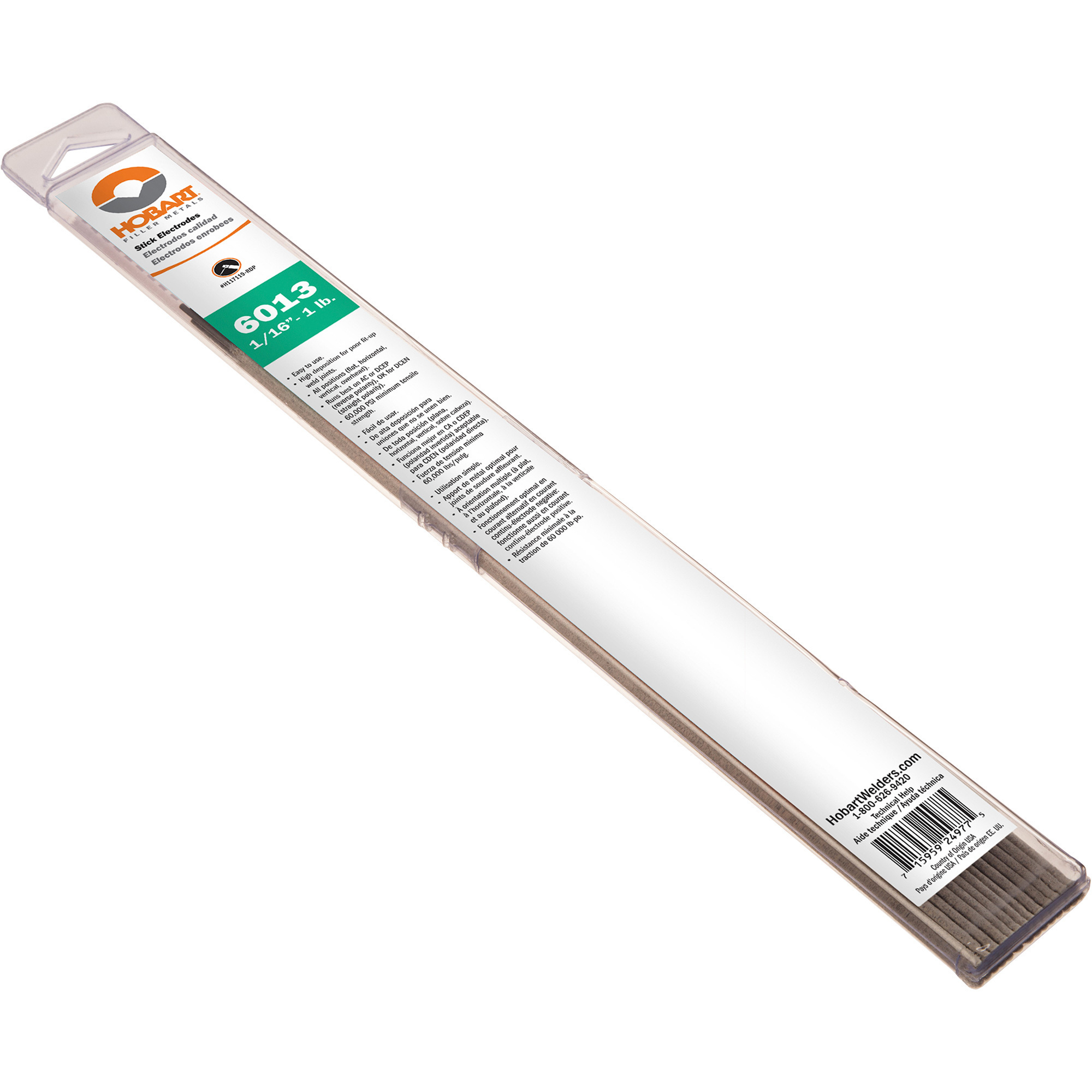 Hobart Filler Metals Stick Welding Electrodes, 6013, 1/16in. Dia. x 12in.L, 1-Lb. Pkg., Model# H117119-RDP